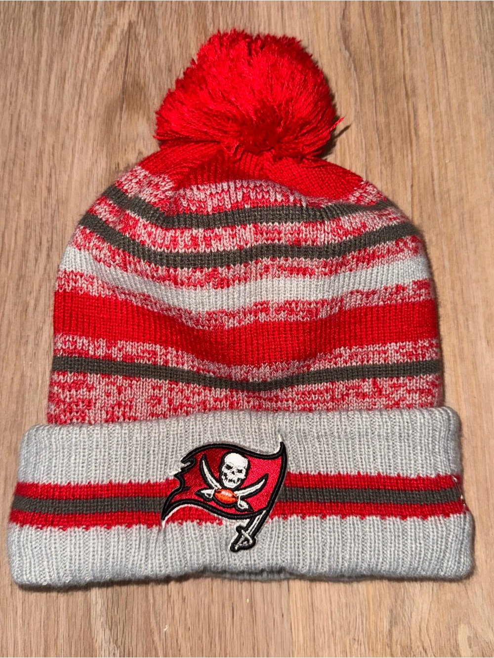 NFL Tampa Bay Buccaneers red, white & gray striped knit beanie with Pom Pom -OS